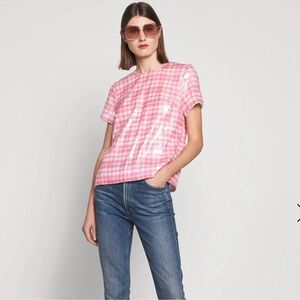 NWT J CREW Pink White Sequin Plaid Short Sleeve Top